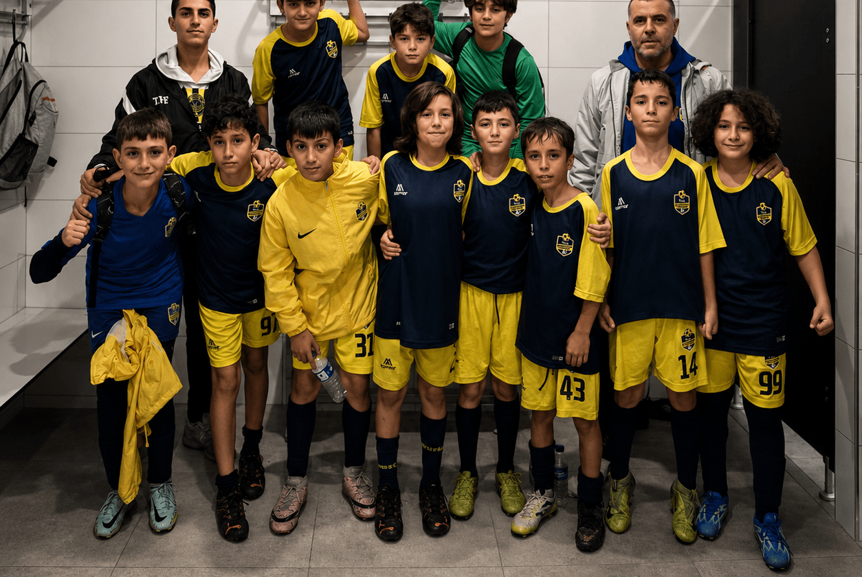 Saha çıkışı öncesi koridorda toplanmış lacivert ve sarı formalı Tuzla Siyah Çoraplılar oyuncuları