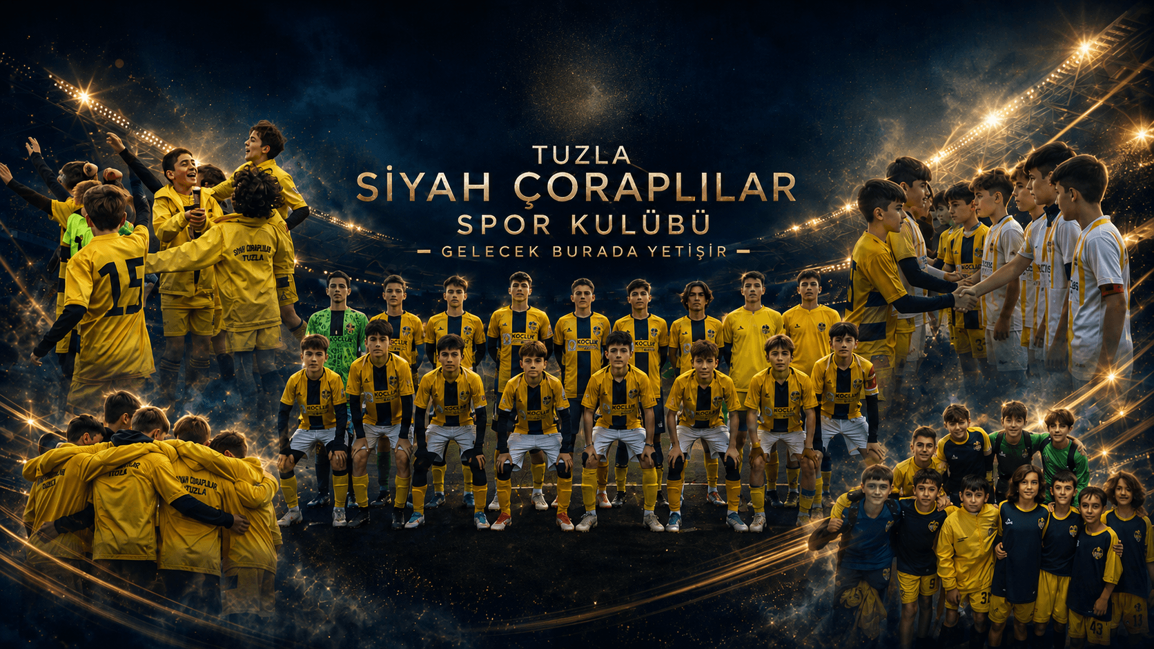Tuzla Siyah Çoraplılar Spor Kulübü afişi: stadyum ışıkları altında altyapı kadrosu, gol sevinci, saha selamlaşması ve 'Gelecek burada yetişir' sloganı